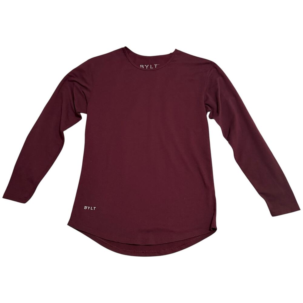 BYLT Basics Drop Cut Long Sleeve Performance Tee Shirt Maroon Burgundy Red Small